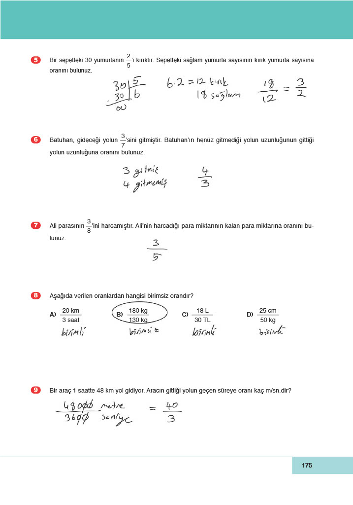 6. Sınıf Doğa Yayıncılık Matematik Ders Kitabı Sayfa 175 Cevapları