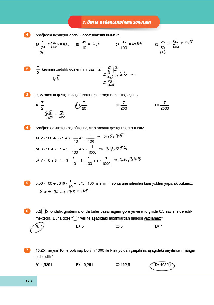 6. Sınıf Doğa Yayıncılık Matematik Ders Kitabı Sayfa 178 Cevapları