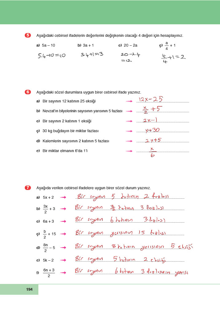 6. Sınıf Doğa Yayıncılık Matematik Ders Kitabı Sayfa 194 Cevapları