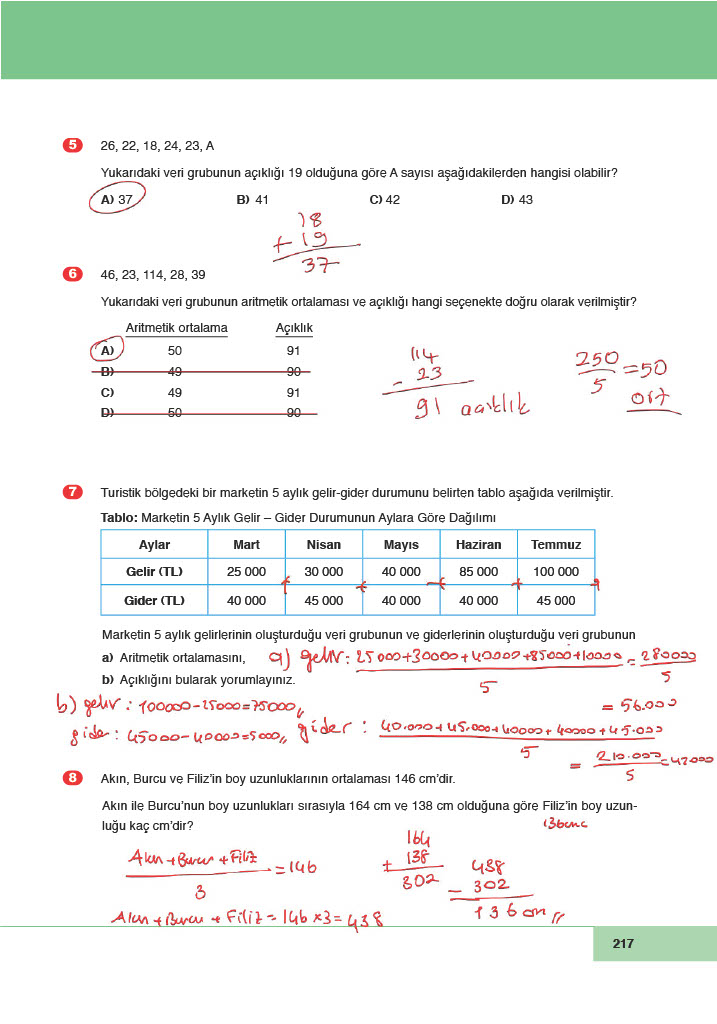 6. Sınıf Doğa Yayıncılık Matematik Ders Kitabı Sayfa 217 Cevapları