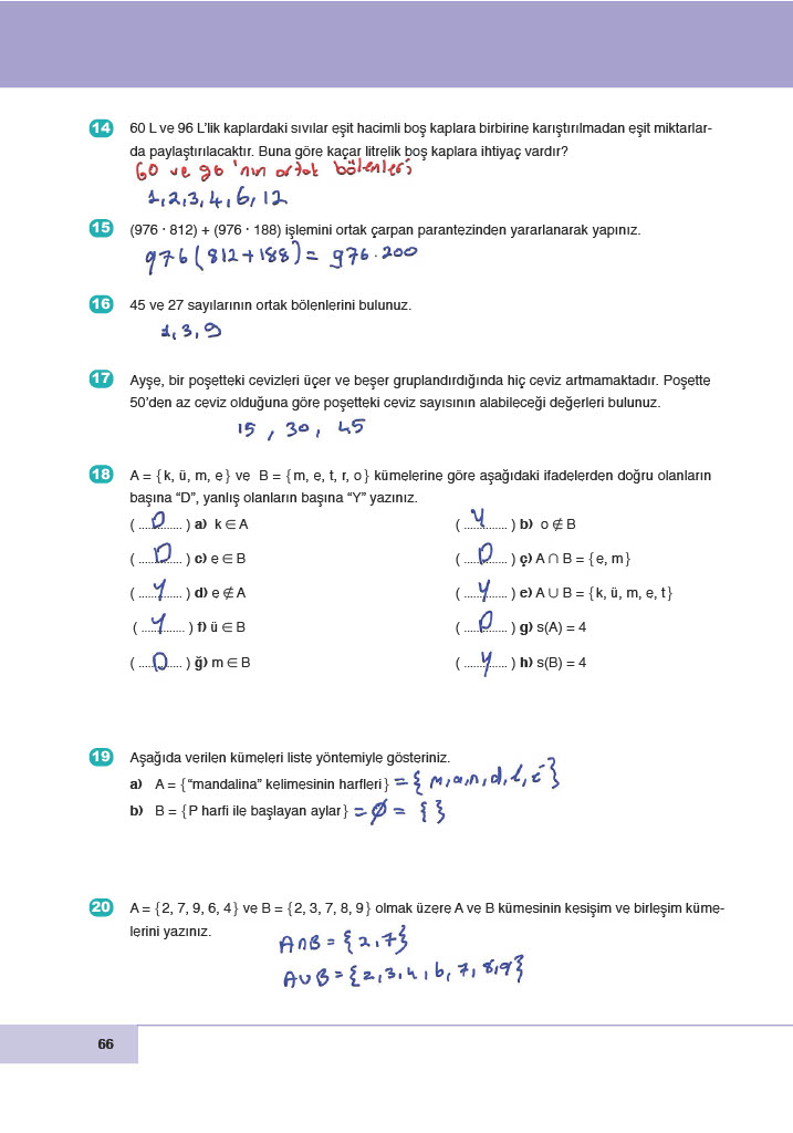 6. Sınıf Doğa Yayıncılık Matematik Ders Kitabı Sayfa 66 Cevapları