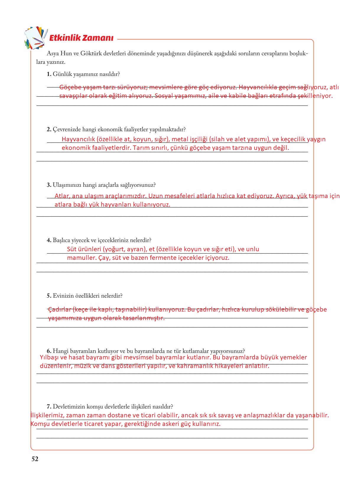 6. Sınıf Evos Yayınları Sosyal Bilgiler Ders Kitabı Sayfa 52 Cevapları
