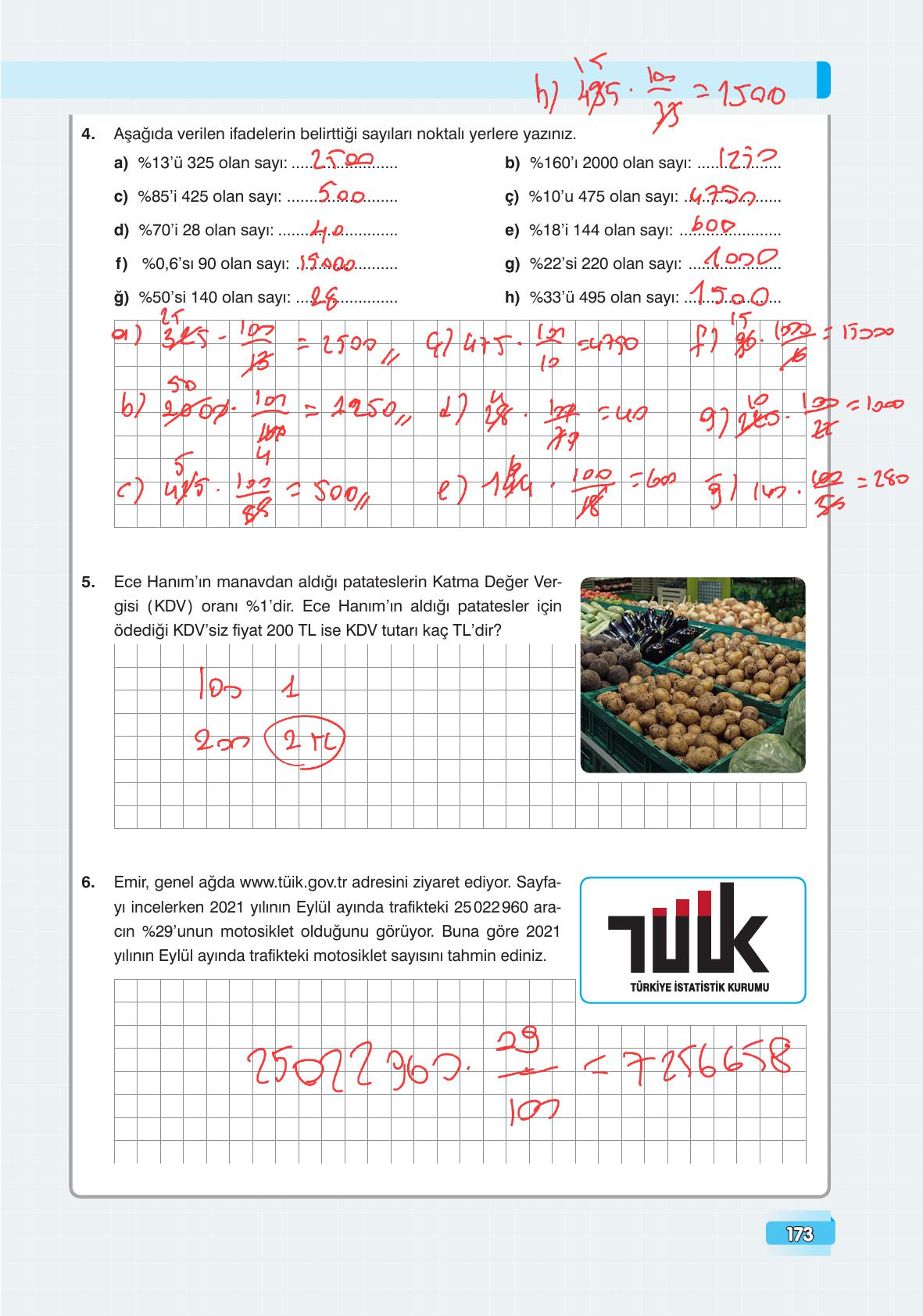 7. Sınıf Edat Yayınları Matematik Ders Kitabı Sayfa 173 Cevapları