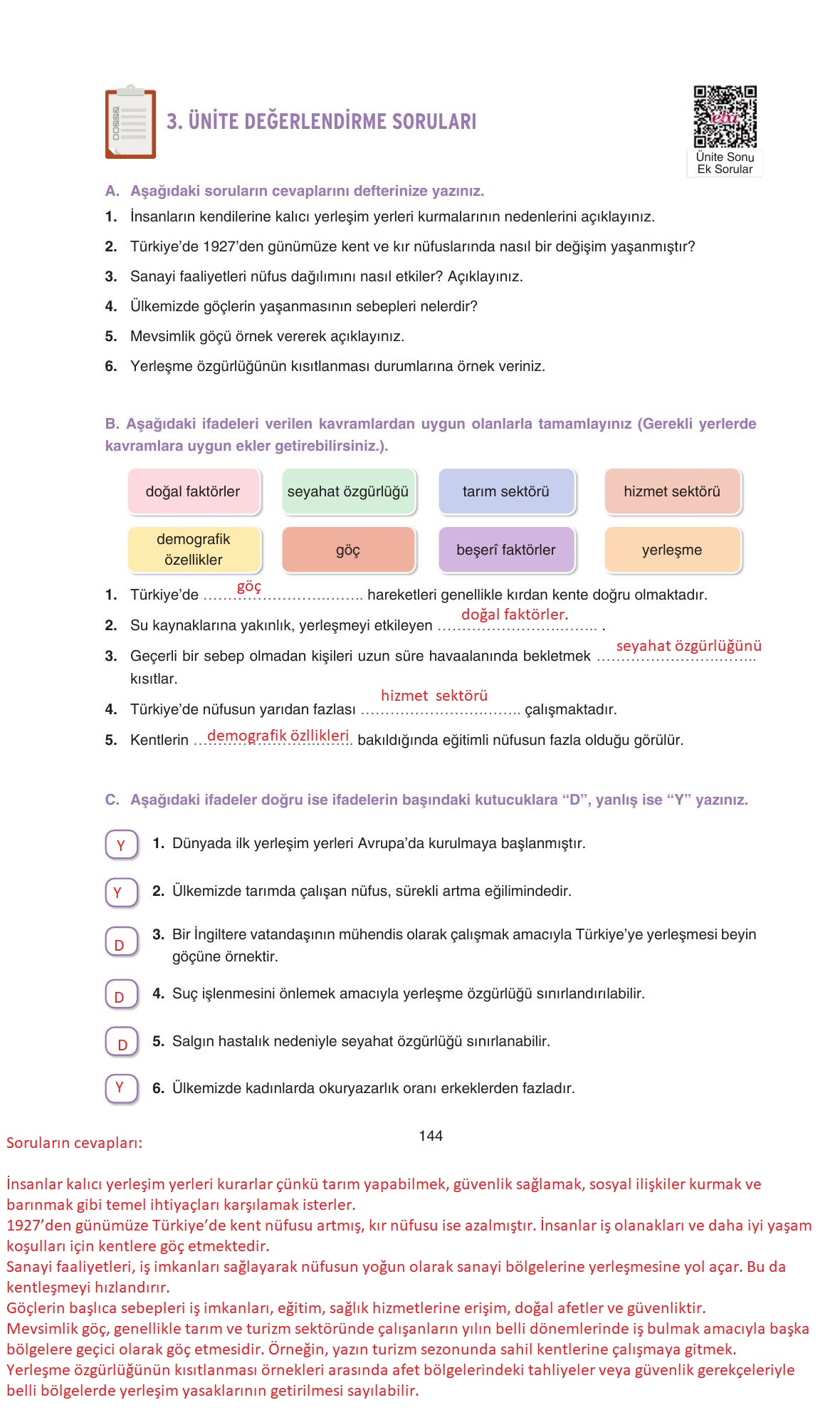 7. Sınıf Yıldırım Yayınları Sosyal Bilgiler Ders Kitabı Sayfa 144 Cevapları