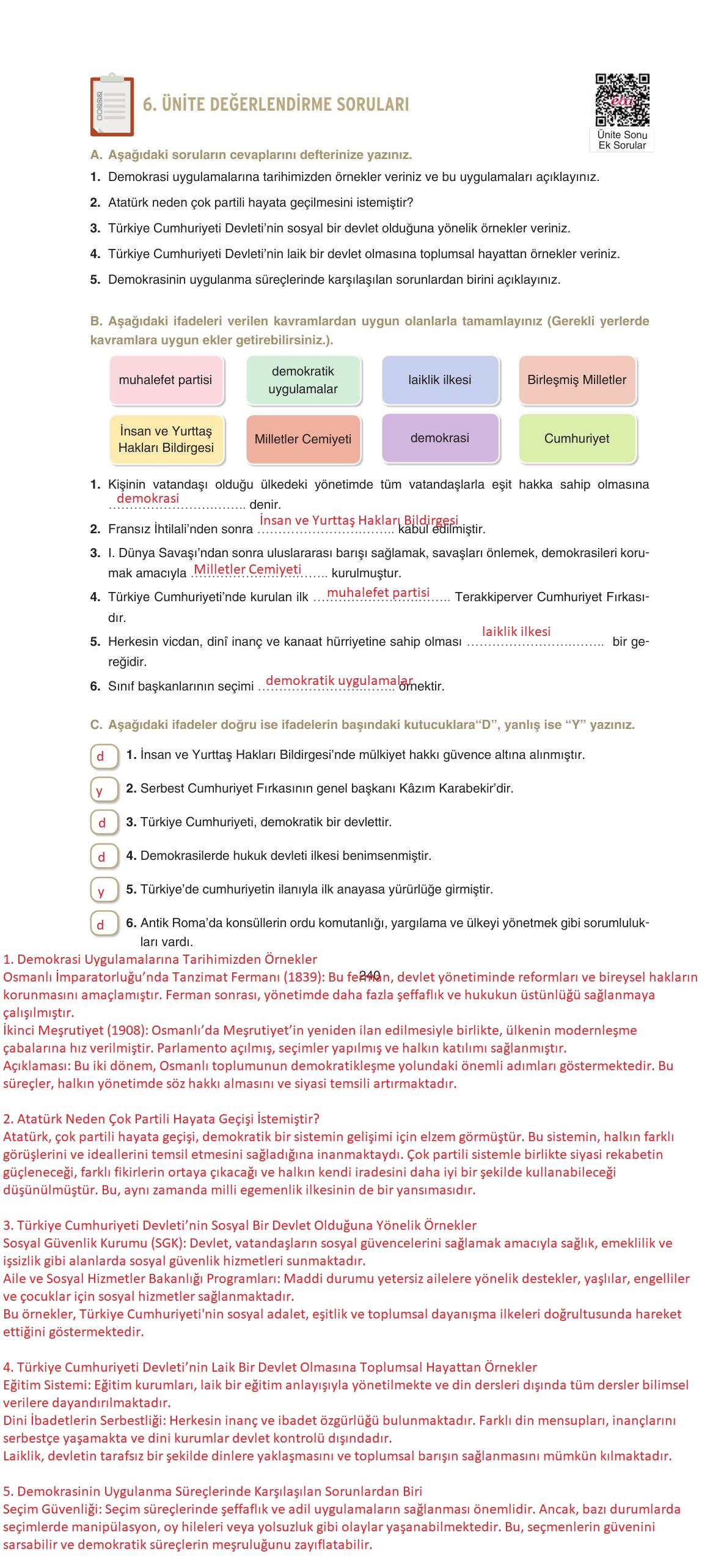 7. Sınıf Yıldırım Yayınları Sosyal Bilgiler Ders Kitabı Sayfa 240 Cevapları
