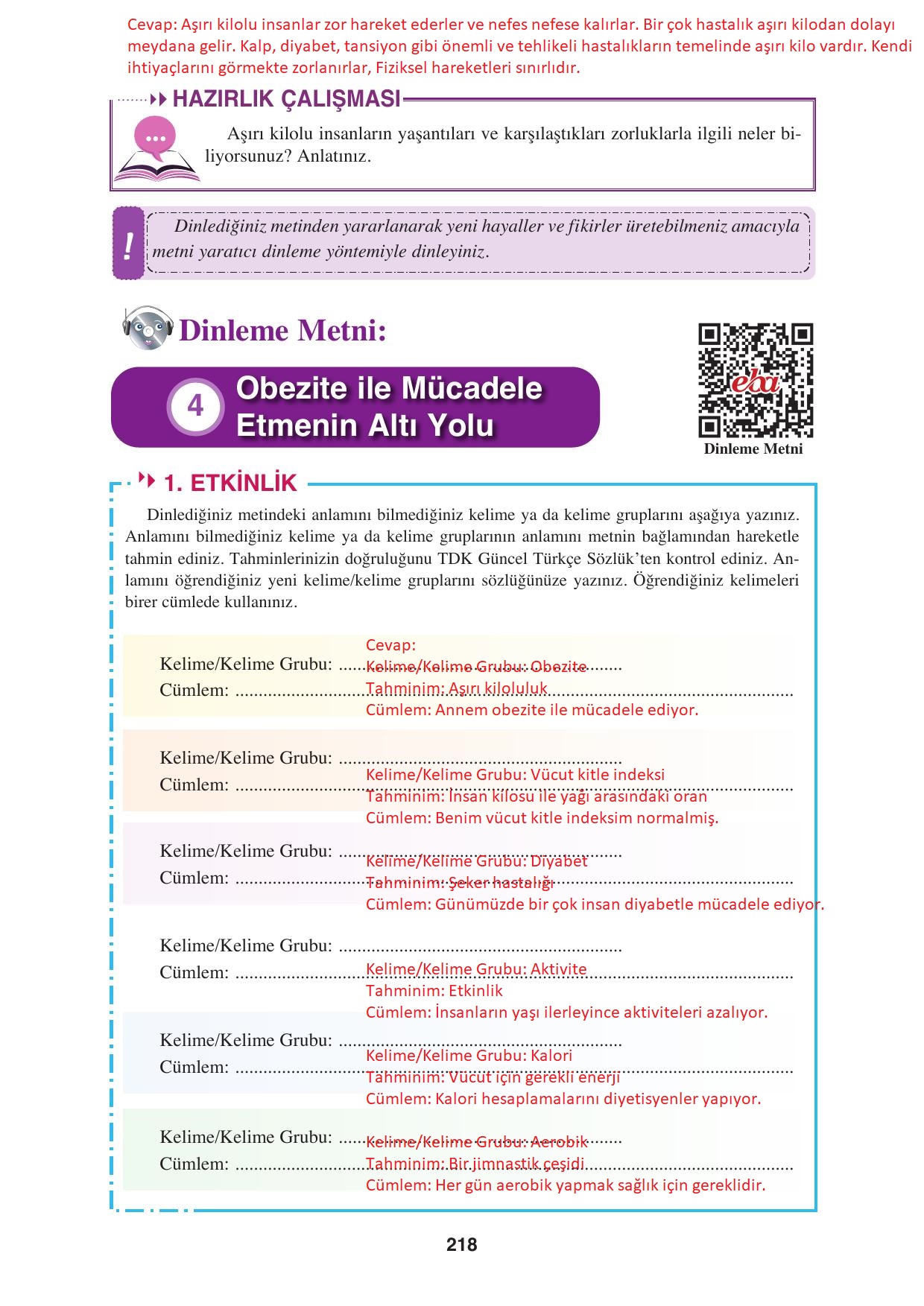 8. Sınıf Hecce Yayınları Türkçe Ders Kitabı Sayfa 218 Cevapları
