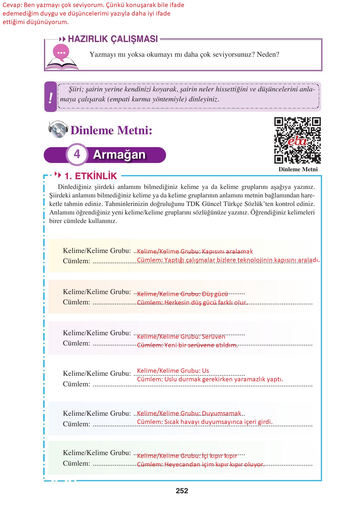 8. Sınıf Hecce Yayınları Türkçe Ders Kitabı Sayfa 252 Cevapları