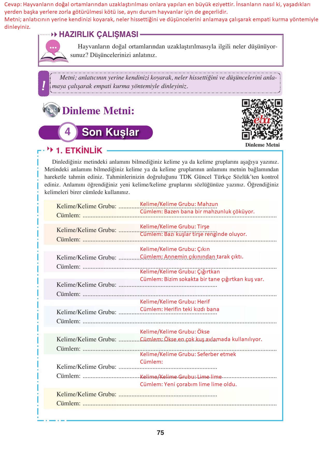 8. Sınıf Hecce Yayınları Türkçe Ders Kitabı Sayfa 75 Cevapları