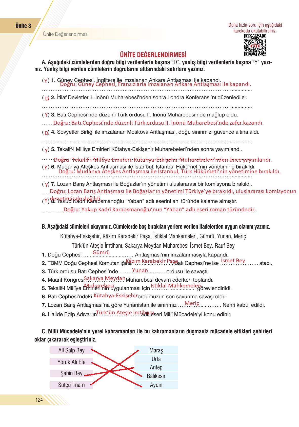 8. Sınıf Semih Ofset Sek Yayınları İnkılap Tarihi Ders Kitabı Sayfa 124 Cevapları