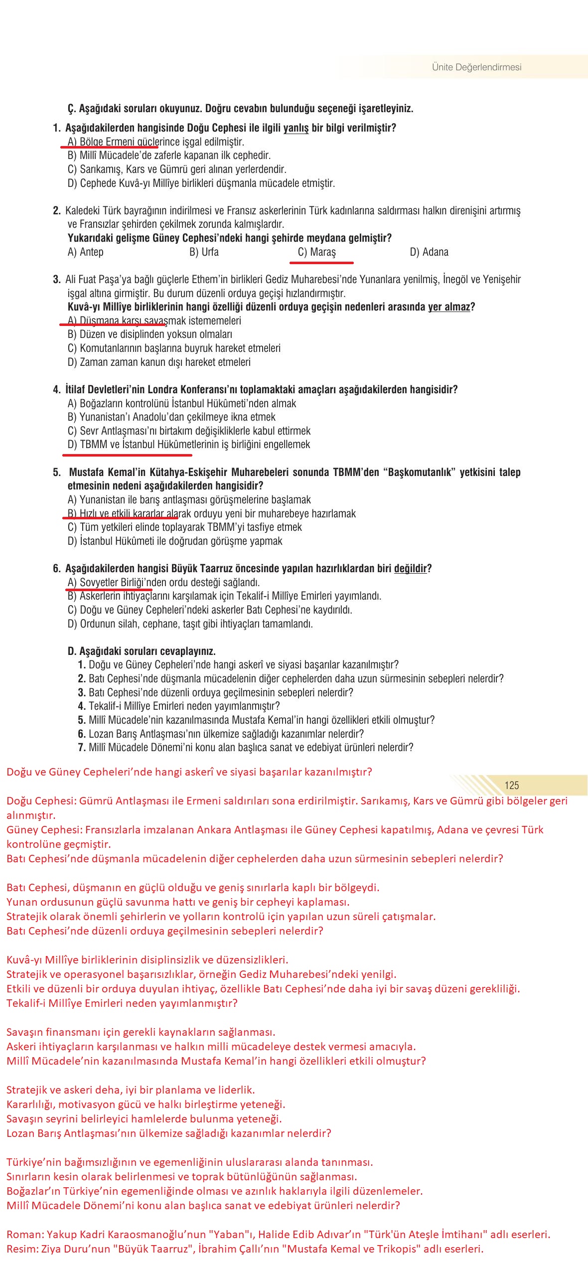 8. Sınıf Semih Ofset Sek Yayınları İnkılap Tarihi Ders Kitabı Sayfa 125 Cevapları