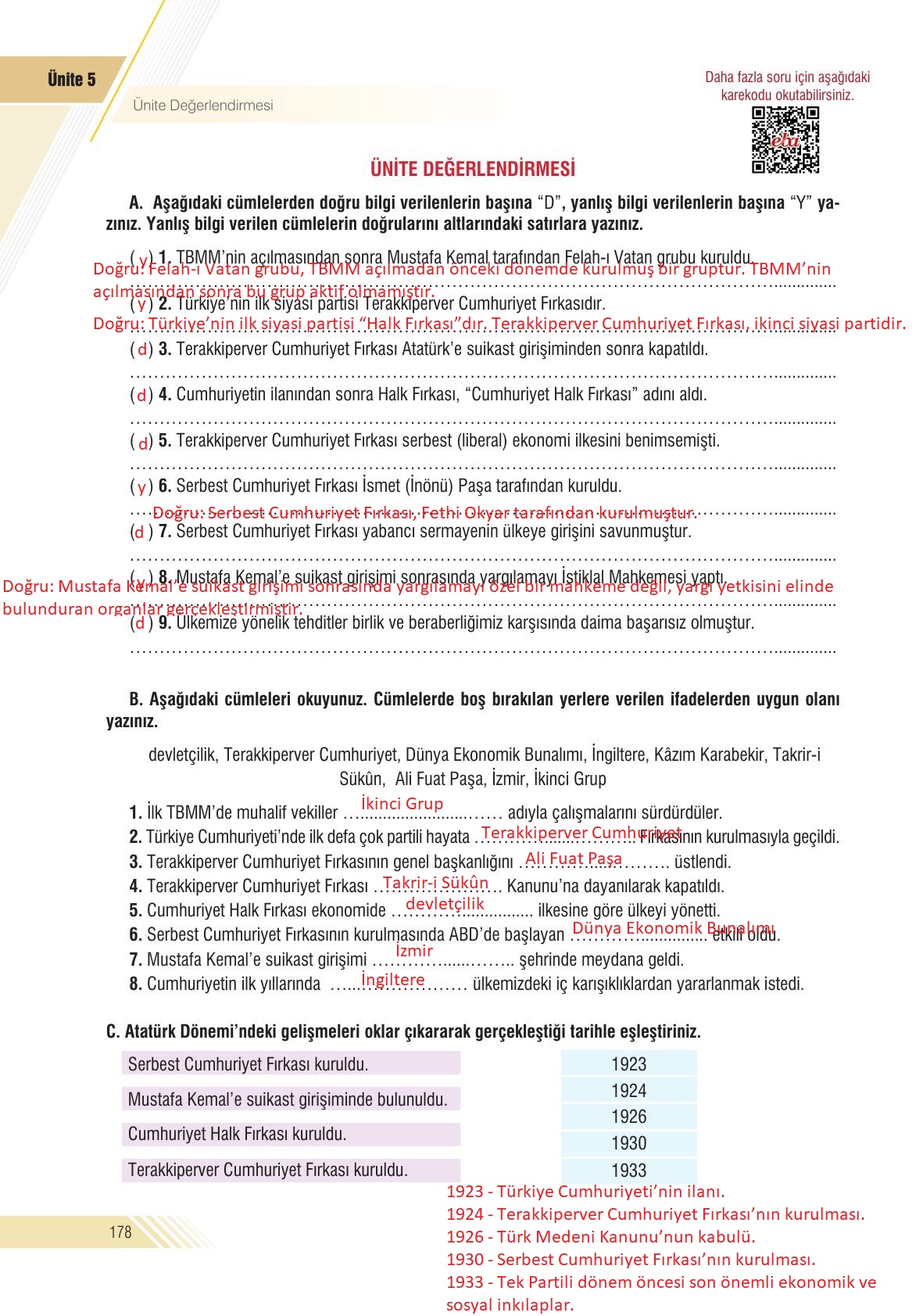 8. Sınıf Semih Ofset Sek Yayınları İnkılap Tarihi Ders Kitabı Sayfa 178 Cevapları