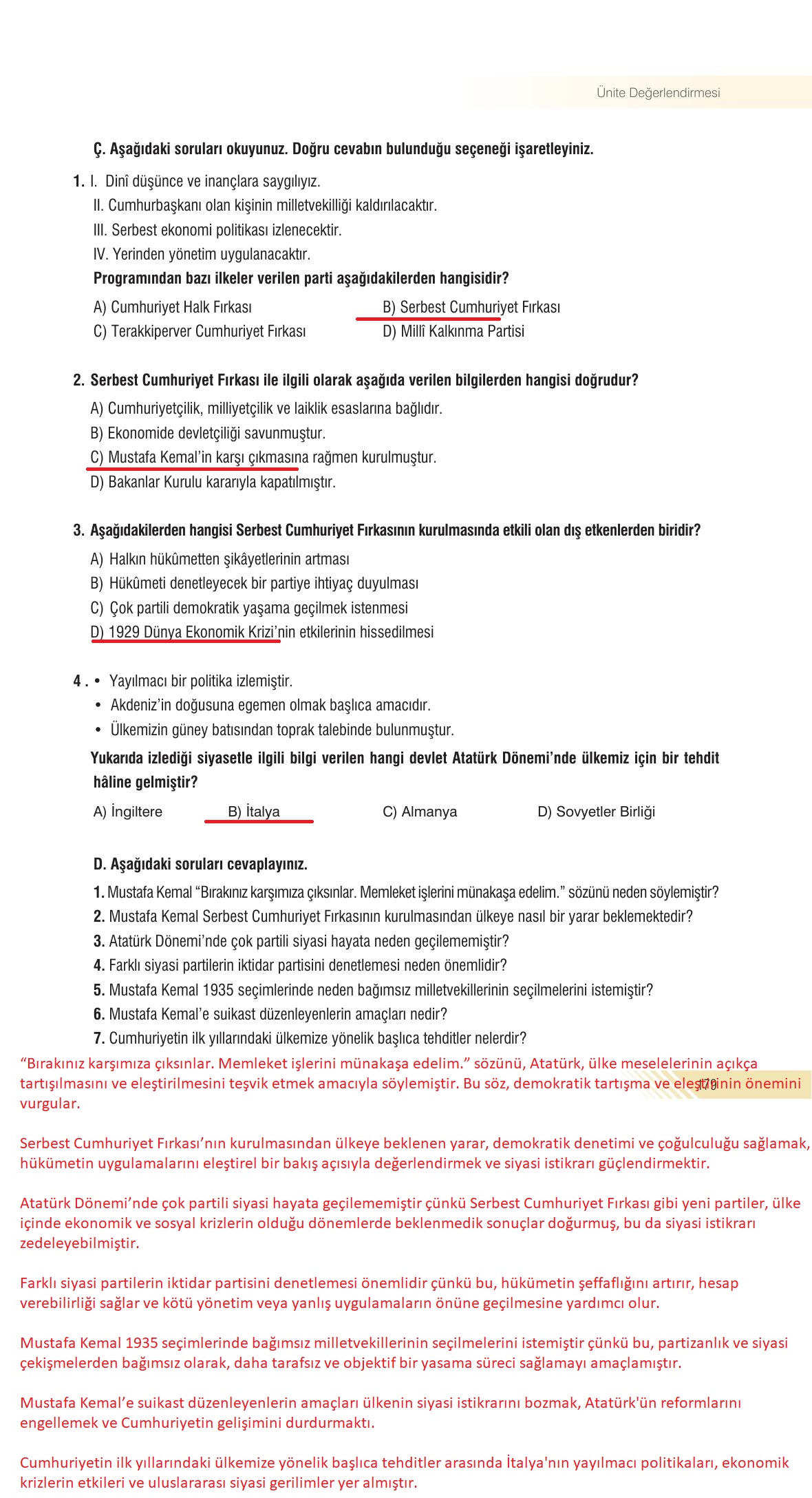 8. Sınıf Semih Ofset Sek Yayınları İnkılap Tarihi Ders Kitabı Sayfa 179 Cevapları