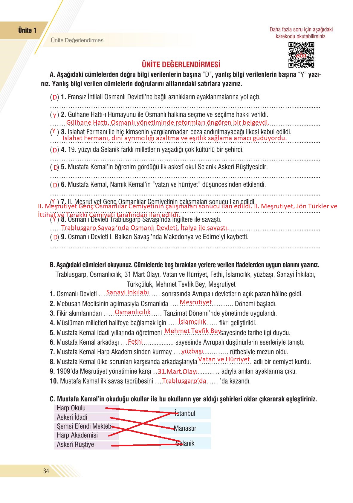 8. Sınıf Semih Ofset Sek Yayınları İnkılap Tarihi Ders Kitabı Sayfa 34 Cevapları