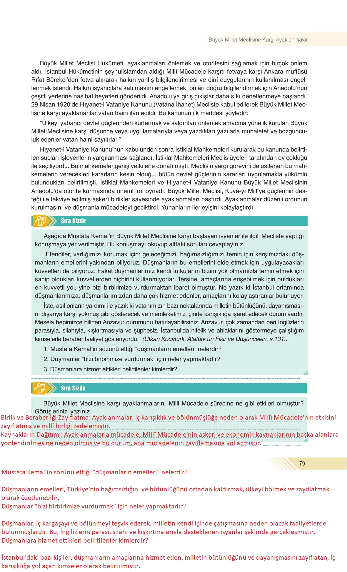 8. Sınıf Semih Ofset Sek Yayınları İnkılap Tarihi Ders Kitabı Sayfa 79 Cevapları