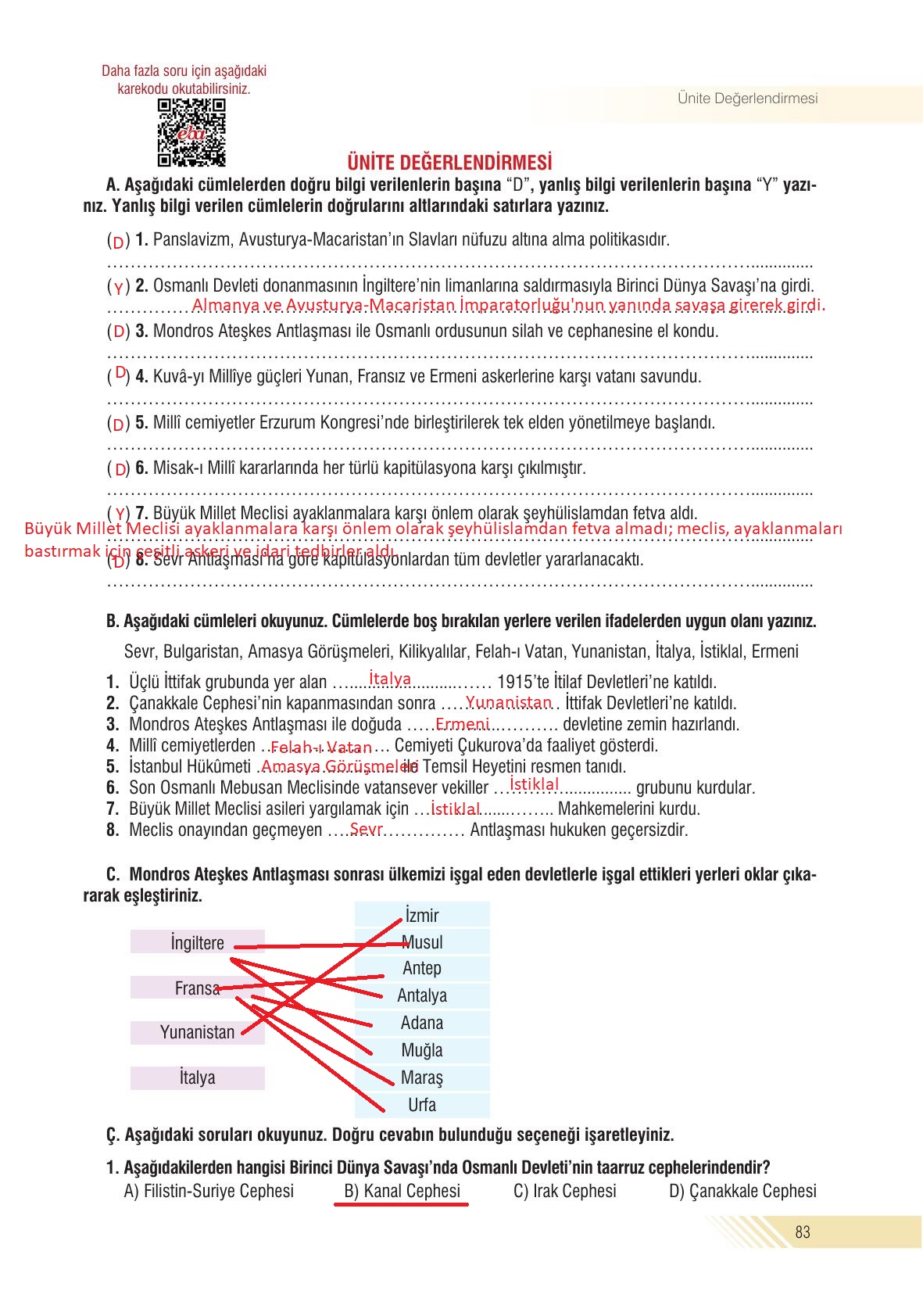 8. Sınıf Semih Ofset Sek Yayınları İnkılap Tarihi Ders Kitabı Sayfa 83 Cevapları